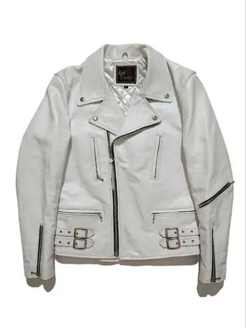 레어 '화이트' Real Leather 더블 라이더 자켓 L