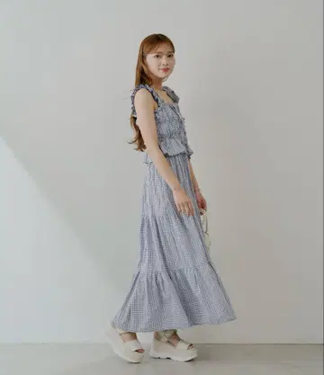 Chico 아지메 끈 디자인 체크 무늬 셔링 롱 원피스
