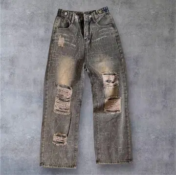 데미지 가공 그레이 와이드 레그 데님 팬츠
