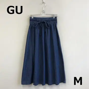 C0822B13 [ GU ] 데님 롱 플레어 허리 리본 스커트