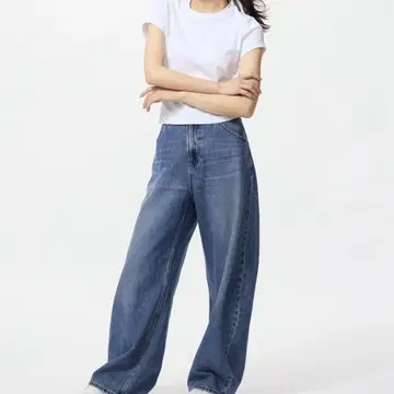미사용 새상품 UNIQLO 배기 커브 청바지 짧은 기장 22인치 블루
