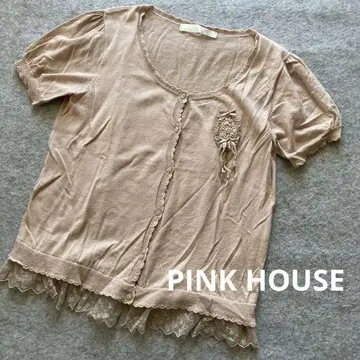 PINK HOUSE 핑크 베이지 반팔 가디건 니트 레이스