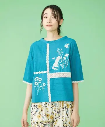 호코모모라 동물 자수 터콰이즈 블루 5부 소매 상의