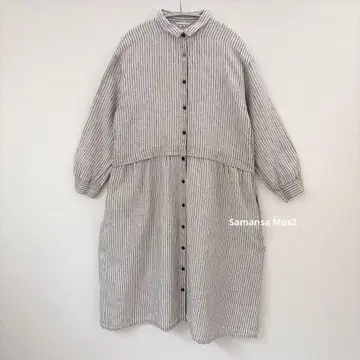 사만사 모스모스 허리 절개 린넨 스트라이프 롱 셔츠 원피스 M