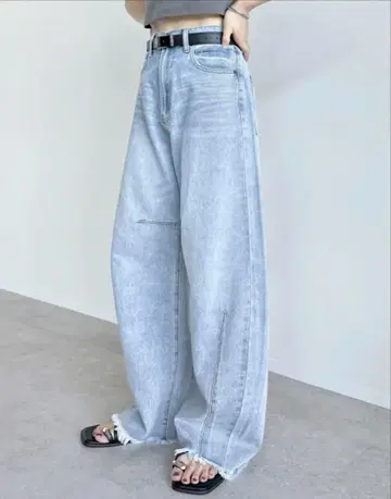 리디 밑단 프린지 배럴 레그 데님 팬츠 커브 데님 S 블루