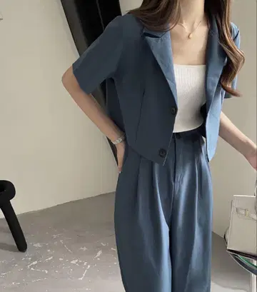 emi+ 반팔 숏 썸머 자켓+턱 와이드 팬츠 셋업