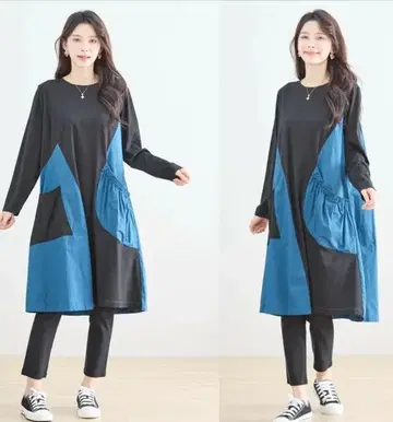 TRUBE 블랙과 파랑의 이소재 긴팔 A라인 원피스