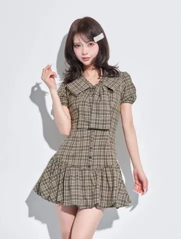 Darich 다리치 빅 리본 벌룬 체크 미니 원피스 FL