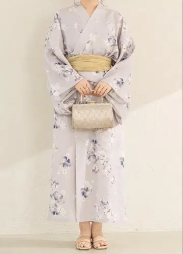 연보라색 꽃무늬 유카타 오비 세트
