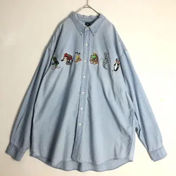 3318 루니툰 자수 긴팔 데님 셔츠 인디고 블루