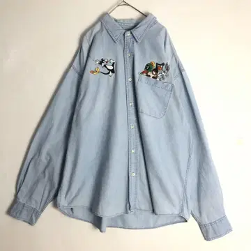 3319 루니툰 자수 긴팔 데님 셔츠 인디고 블루