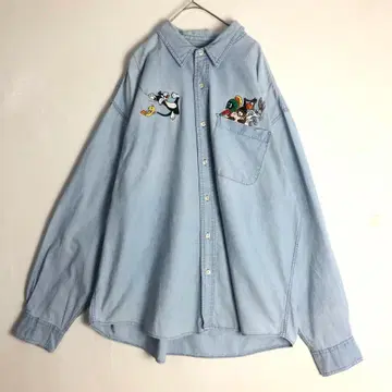 3319 루니툰 자수 긴팔 데님 셔츠 인디고 블루