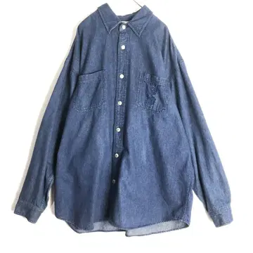 3320 디즈니 미키 자수 긴팔 데님 셔츠 네이비