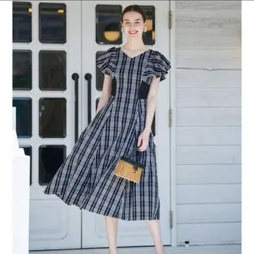 앙드 쿠튀르 and couture 체크 무늬 허리 리브 프릴 원피스
