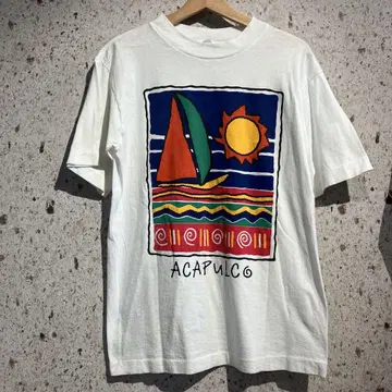80s-90s ACAPULCO 아트 프린트 티셔츠 빈티지 화이트