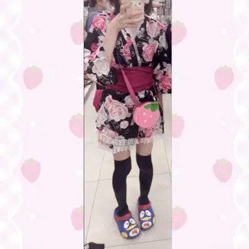 유카타 드레스 블랙 히메 갸루 지뢰 양산형 오비 포함