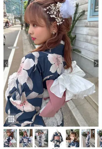그레일 미개봉 새상품 네이비 꽃무늬 유카타 리본 오비 세트