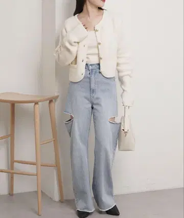 Chico 사이드 슬릿 데미지 데님 팬츠