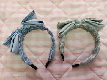 체크 무늬 리본 머리띠 2세트