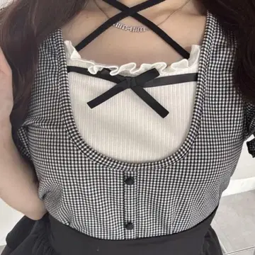 evelyn 넥 리본 TP 상의 반팔 깅엄