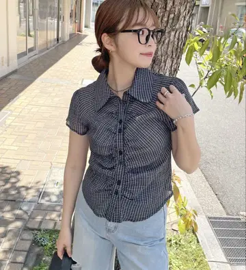 ZOZO 크롭 체크 셔링 시어 셔츠
