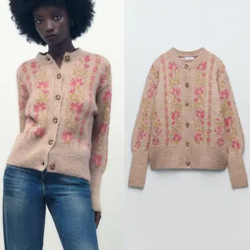 새상품 ZARA 플라워 자카드 니트 가디건 L 사이즈