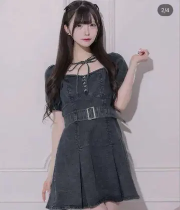 pium 플리츠 벨트 데님 미니 원피스