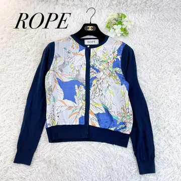 새상품급 ROPE 로페 빈티지 스카프 프린트 가디건 네이비 M 실크 혼방
