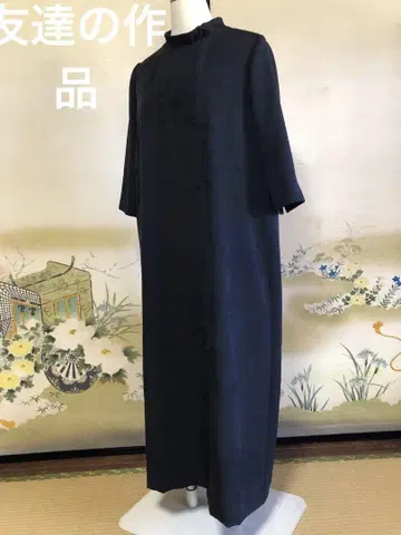 기모노 리메이크 실크 블랙 7부 소매 롱 원피스