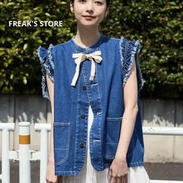 새상품급 프릭스스토어 데님 프릴 소매 리본 베스트