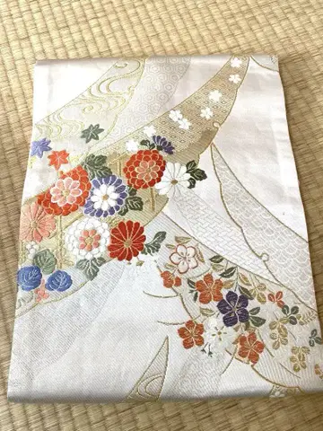 본금박 꽃무늬 자수 나고야 오비 견 100% 화원 칠보 비단