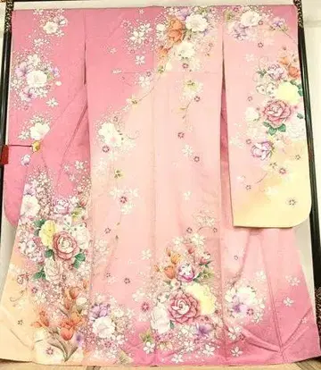 핑크 계열 후리소데  자수 장미 패턴 야마토 맞춤 제작 순수 실크