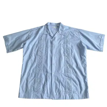 80s 90s Guayabera 쿠바 셔츠 스카이블루 자수 오픈 카라