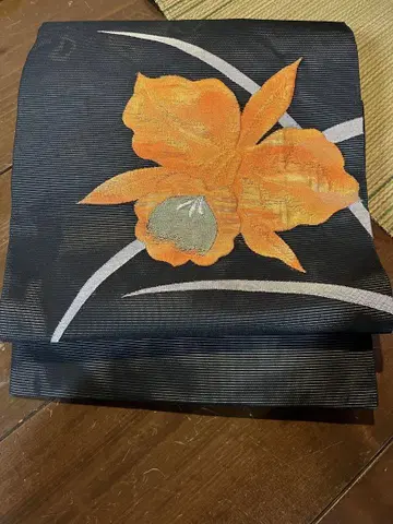 나고야 오비 여름 오비 블랙 베이스 오렌지 꽃무늬