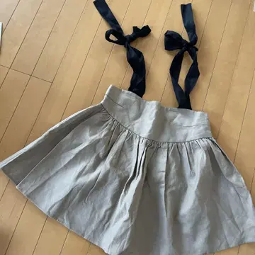 린넨 100% 베이지 플레어 스커트 블랙 리본 포함
