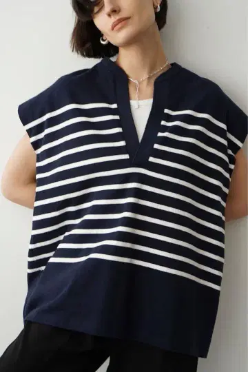 CLANE WIDE HENLEY NECK N/S BORDER TOPS