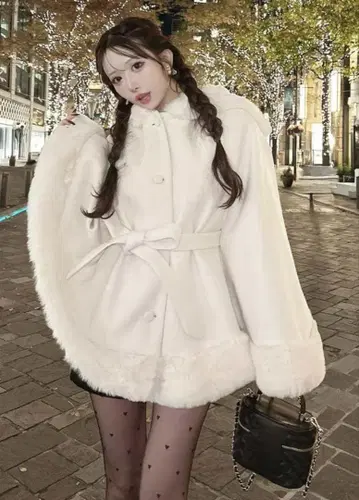 셰리미 후드 퍼 리본 판초 (아이보리)