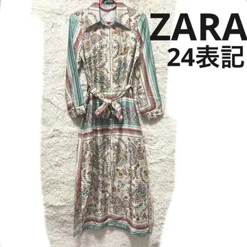 ZARA 스카프 패턴 페이즐리 무늬 셔츠 원피스 새틴풍 리본 벨트 부착
