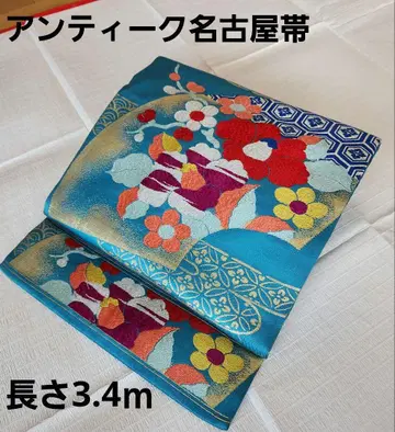 [귀중] 앤티크 나고야 오비 터콰이즈 블루 동백꽃무늬 길이 3.4m