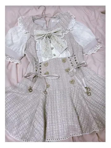 LIZLISA 메시지 리본 트위드 셋업 반팔 핑크