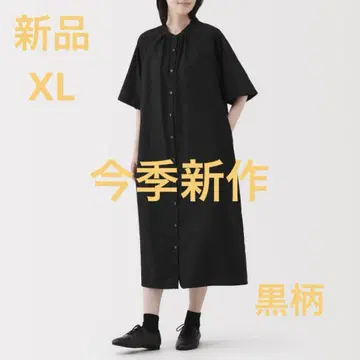 MUJI 매끄러운 리오셀 혼방 5부 소매 원피스 여성 XL 블랙 패턴