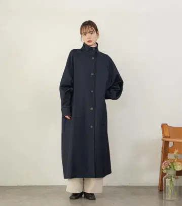 hinari 스탠드 카라 롱 코트 네이비