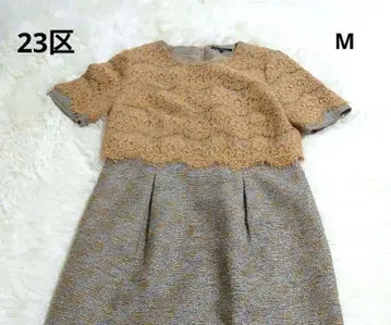 23구 레이스 직물 반팔 무릎 기장 원피스 브라운 M