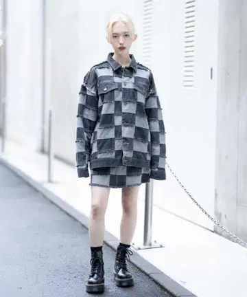 X-girl 그레이 계열 체크 오버사이즈 데님 재킷 M