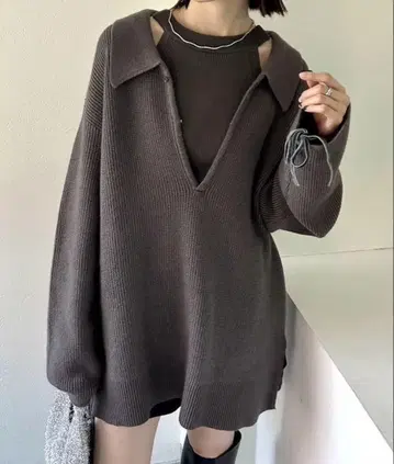 mystic 카라 부착 BIG 니트 차콜 그레이