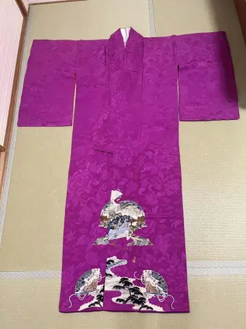 보라색 꽃무늬 기모노 순수 실크 빈티지