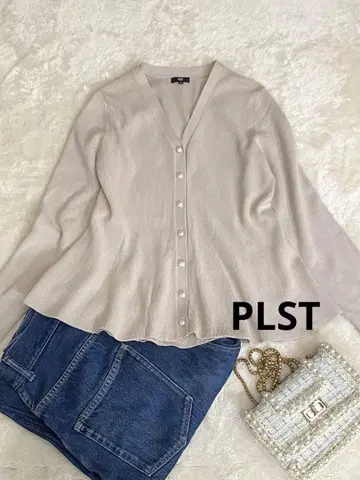 PLST 성숙/러블리 V넥 펄 버튼 페플럼 가디건 긴팔