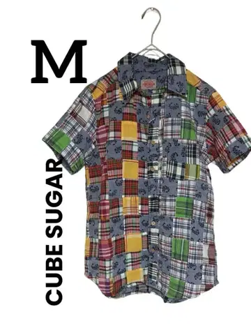 [ CUBE SUGER ] 체크 무늬 패치워크 반팔 셔츠 M