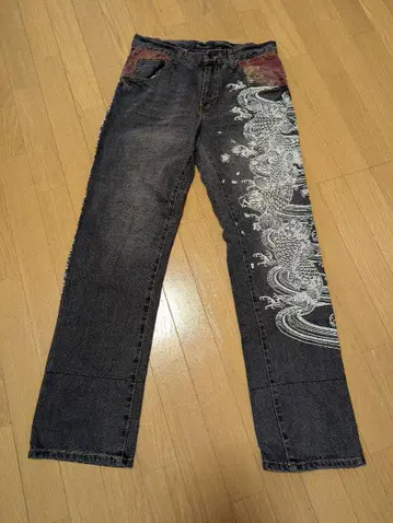 일본풍 패턴 잉어 프린트 데님 팬츠 차콜 그레이