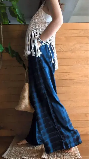 캐주얼 팬츠 스트레이트 와이드 허리밴딩 타이다이 네이비 포켓